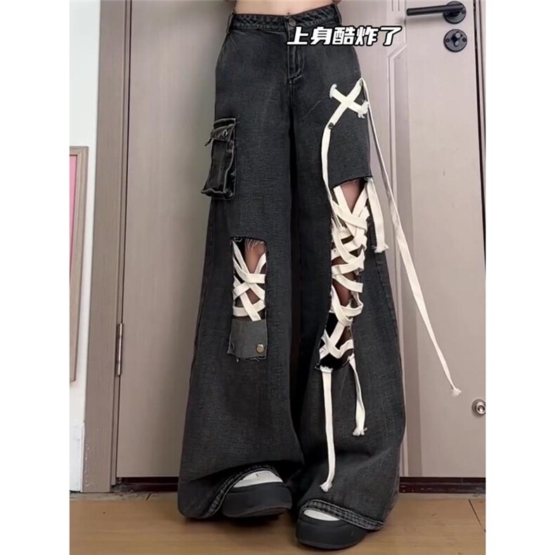 亚比穿搭街头绑带破洞牛仔裤女高街朋克风宽松显瘦直筒阔腿拖地裤,男装牛仔裤,星座1210-1