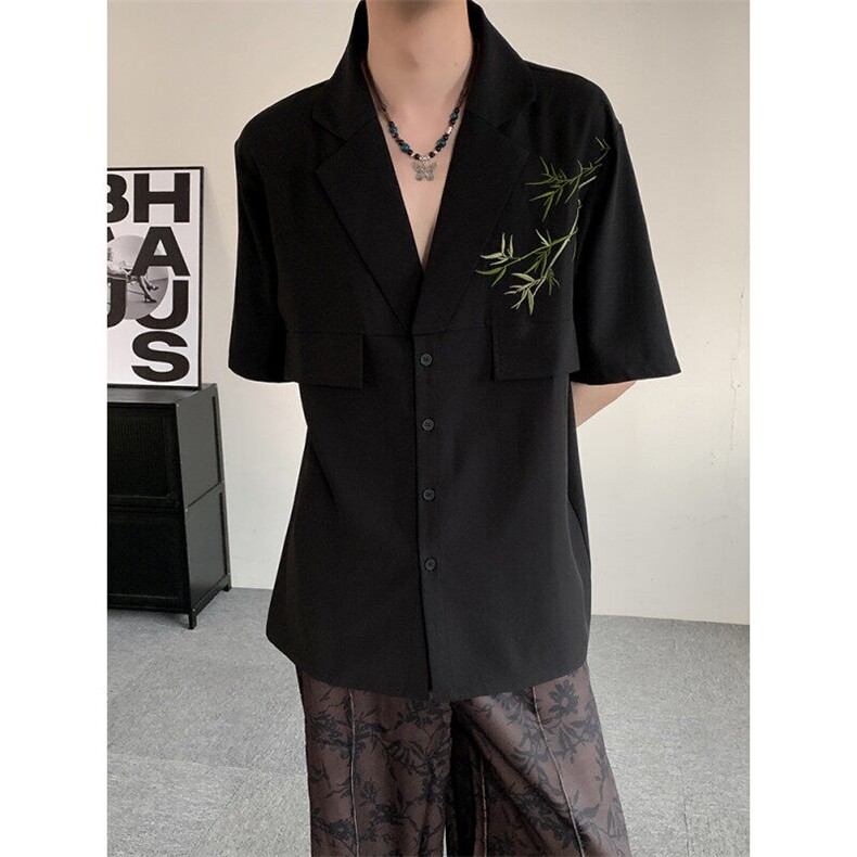 夏装2025风新中式冰丝假口袋翠竹刺绣男女小众休闲短袖衬衫,男装衬衫,星座909