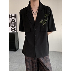 夏装2025风新中式冰丝假口袋翠竹刺绣男女小众休闲短袖衬衫，男装衬衫，星座909
