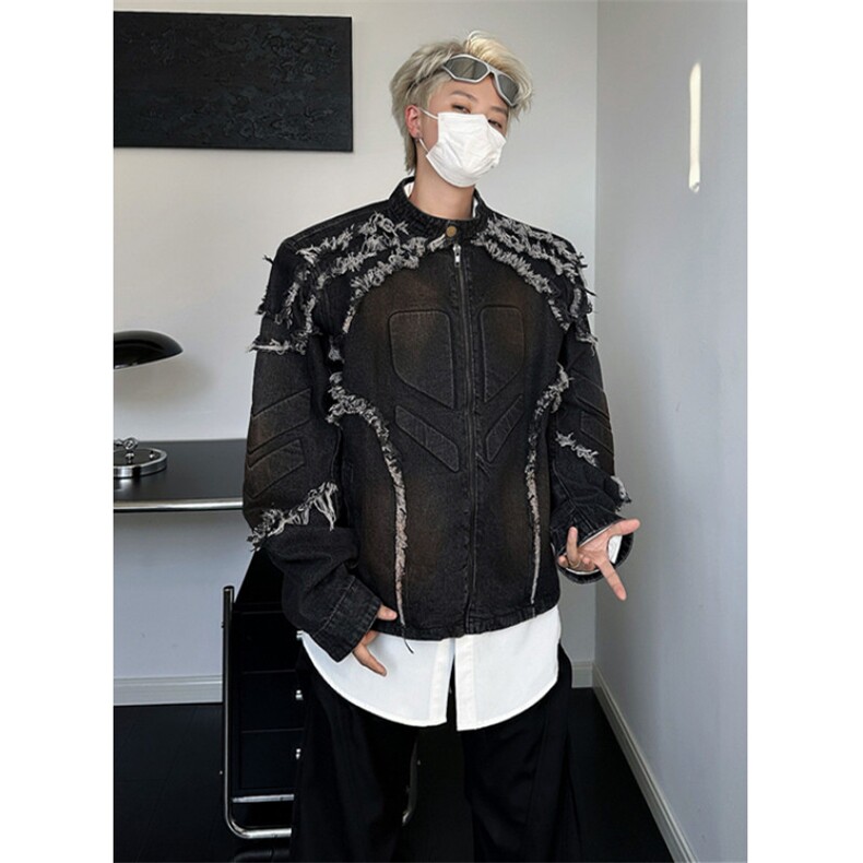 美式小众复古重磅流苏毛边垫肩机车夹克外套短款上衣男JK8641,男装夹克,星座1116A（原606A-3）