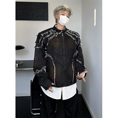 美式小众复古重磅流苏毛边垫肩机车夹克外套短款上衣男JK8641，男装夹克，星座1116A（原606A-3）