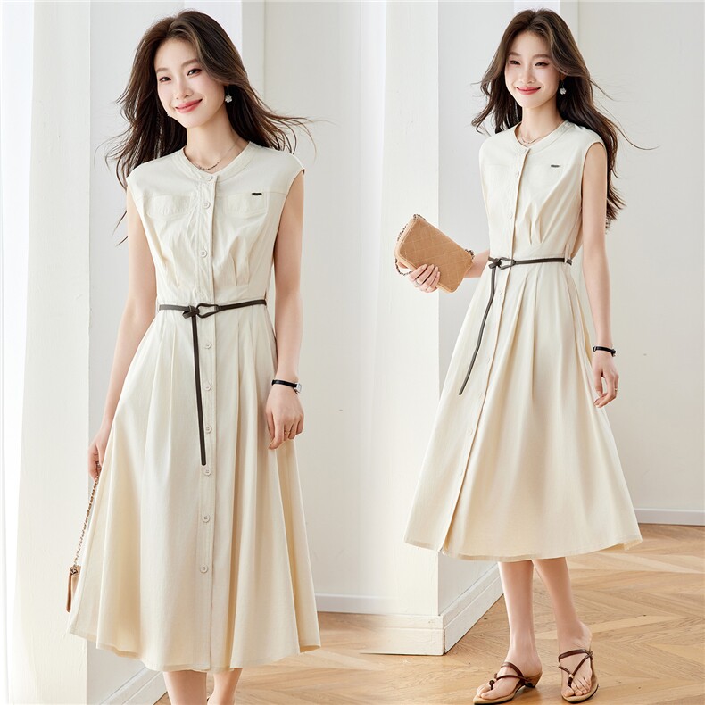 现货！藏青色中长款连衣裙女2026年夏季新款时尚气质优雅韩版裙子，女装连衣裙，沐七七