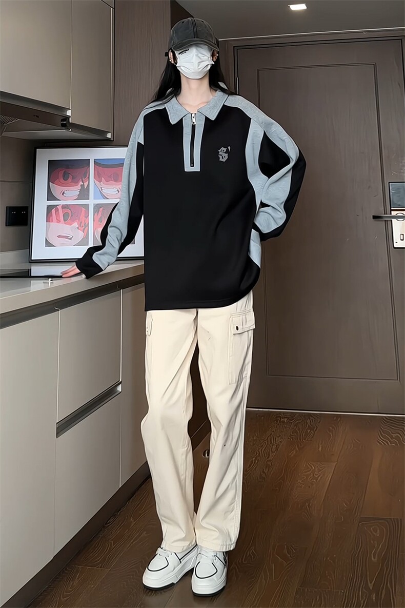 2025秋季新款女模内景大码发泡印花长袖POLO衫M-5XHT23018-P50,男装Polo衫,电商A022