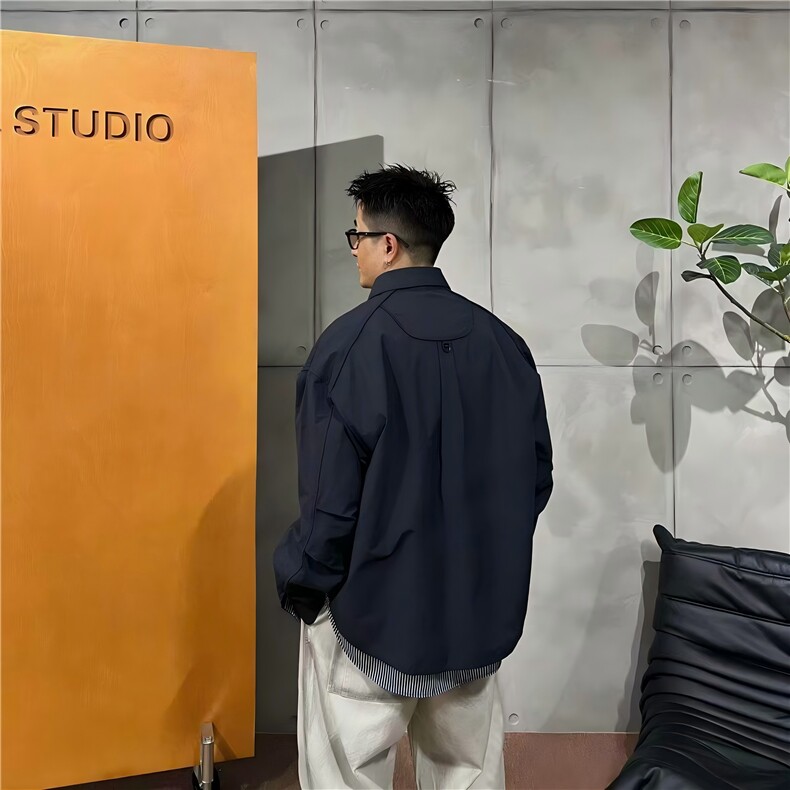 JK734-尺码M-3XL-特P63-高街宽松假两件设计条纹衬衫外套（网图）,男装衬衫,星座1811B