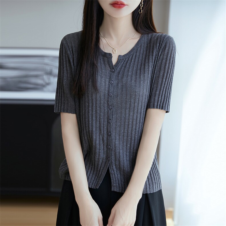 夏季新款简约休闲天丝亚麻抽条圆开中袖女士百搭时尚显瘦上衣,针织衫/毛衣,朝思羊绒