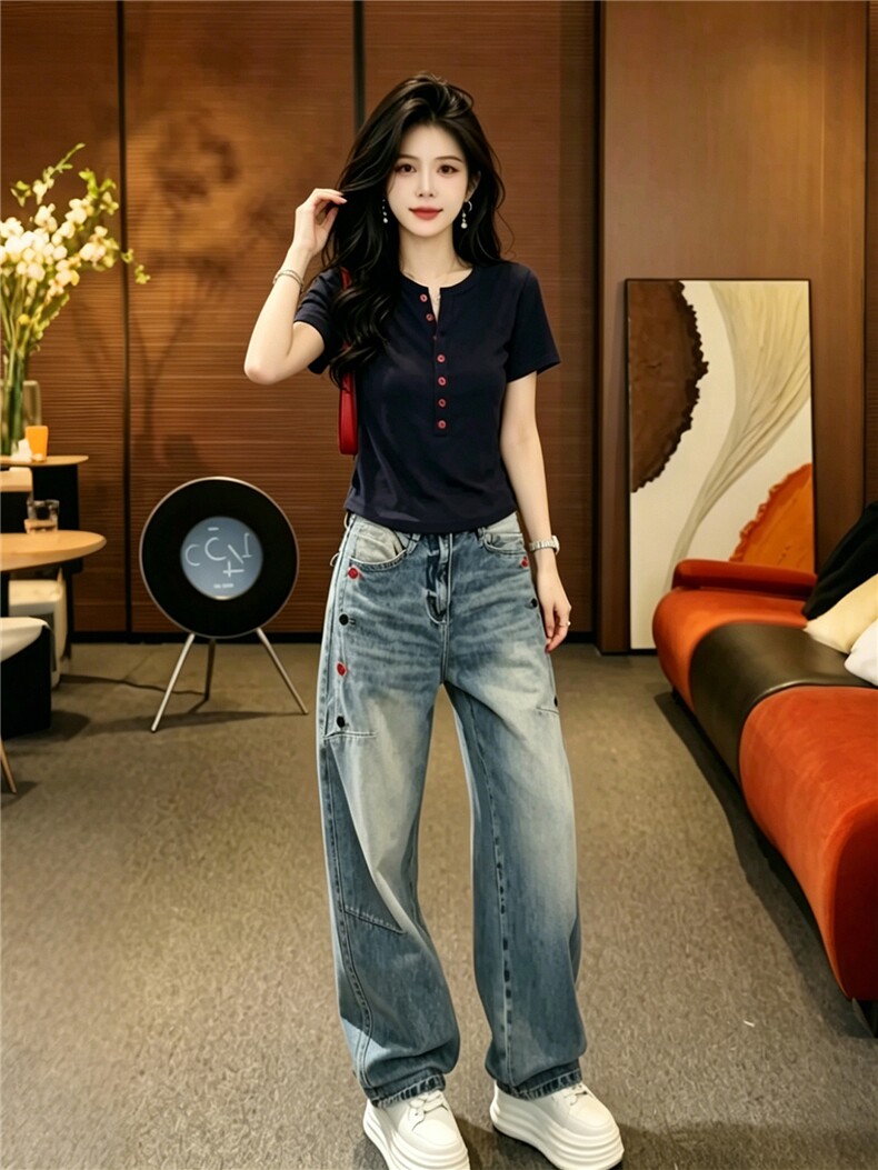 韩系高级感时尚减龄穿搭女夏新款纯色纽扣半开领上衣牛仔裤两件套,女装套装/套裙,江南