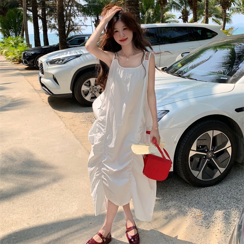 8869夏季棉质吊带长款连衣裙女2025法式抽绳褶皱长裙女P115k208,女装连衣裙,2D143