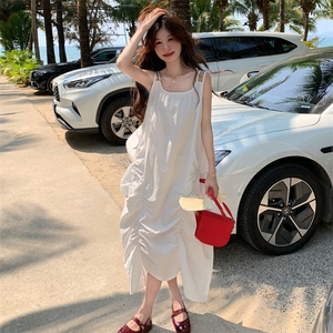 8869夏季棉质吊带长款连衣裙女2025法式抽绳褶皱长裙女P115 k208图片