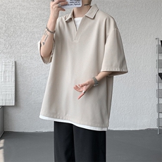 8XL-M假两件V领短袖t恤男夏翻领半袖宽松重磅华夫格大码DT001P40，男装T恤，电商B312