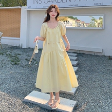 黄色甜美减龄初恋少女桔梗a字裙新款茶歇绝美超仙别致连衣裙女夏，女装连衣裙，2C125
