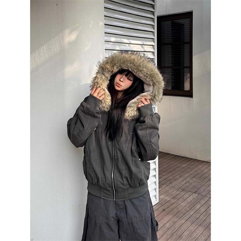 现货重磅boxy短款棉衣座山雕大毛毛领男女棉服水洗工装厚外套,男装棉衣,电商A486-1