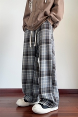 wassuphappy红色格子裤子男款春秋季潮流垂感拖地裤宽松休闲长裤，男装休闲裤，电商A001