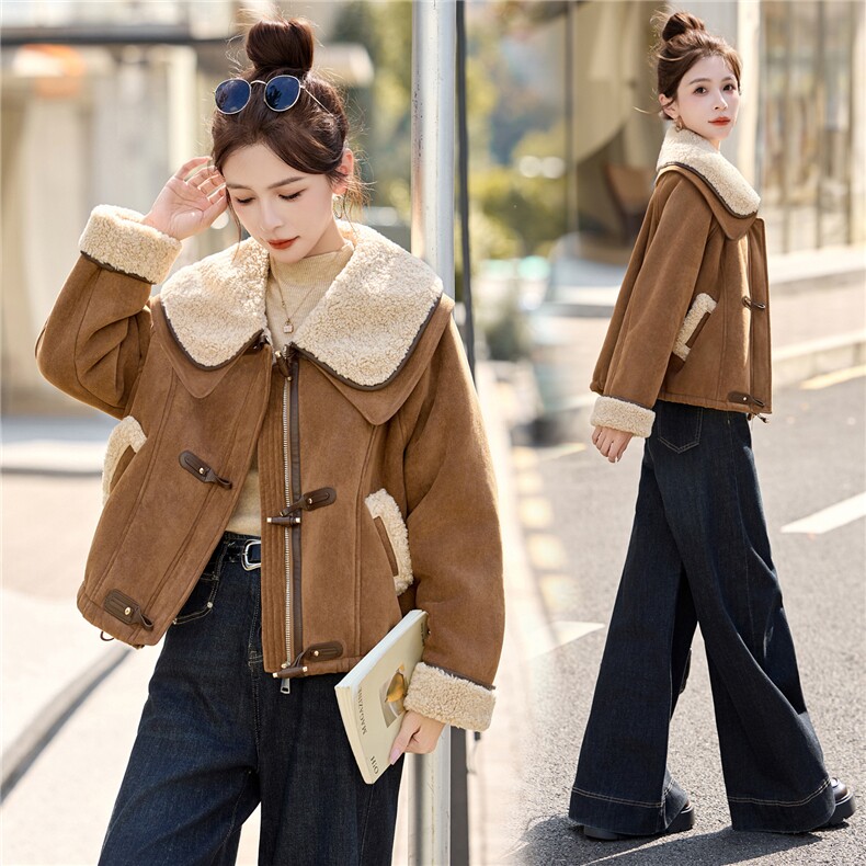 2025冬新款双层大娃娃领拼接羊羔毛皮毛一体外套，女装棉衣/棉服，瑶迪依秀