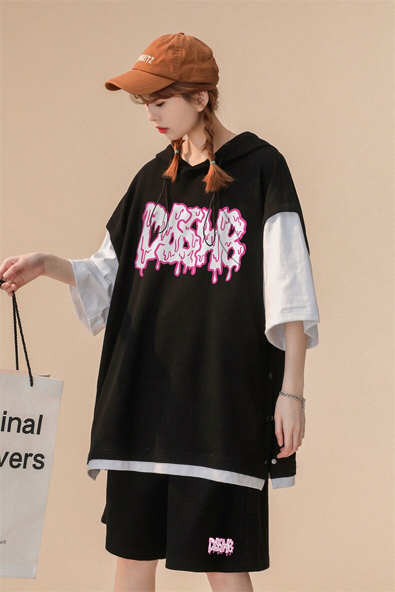 中性夏季青春时尚短袖运动风假两件连帽T恤套装TZ702P85控108,男装休闲套装,A247A