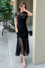 蕾丝拼接网纱连衣裙女夏季新款气质女人味中长款裙子中国2025，女装连衣裙，玖莱伊