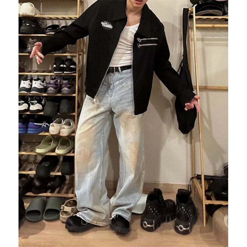 美式复古脏脏做旧牛仔裤男女直筒宽松慵懒松弛感裤子 N7659图片