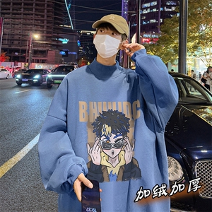加绒加厚高领卫衣卡通印花落肩袖情侣款打底衫男XZ514-2-G72-P48,浅蓝色长款羽绒服搭配粉色围巾行吗图片