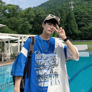 数据！设计感拼接撞色短T恤夏季宽松休闲男上衣XT228-P45控68图片