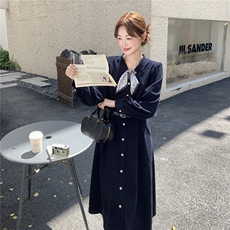 2025年秋季新款新款收腰长袖连衣裙女时尚系带显瘦高腰百搭长裙，女装连衣裙，1D102-1