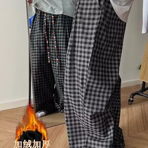 慵懒设计感格子阔腿裤男秋冬2025新款加绒加厚垂感休闲保暖毛呢裤图片