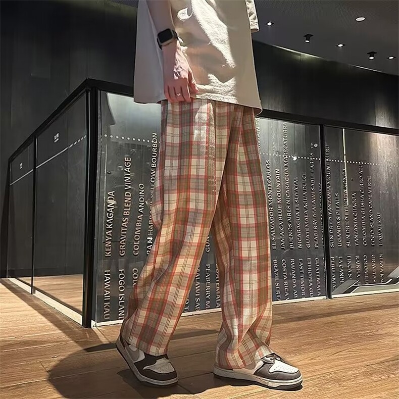 美式复古休闲裤子男女新款格子垂感阔腿长裤AK871-P40,男装休闲裤,星座1109-3