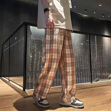 美式复古休闲裤子男女新款格子垂感阔腿长裤AK871-P40，男装休闲裤，星座1109-3