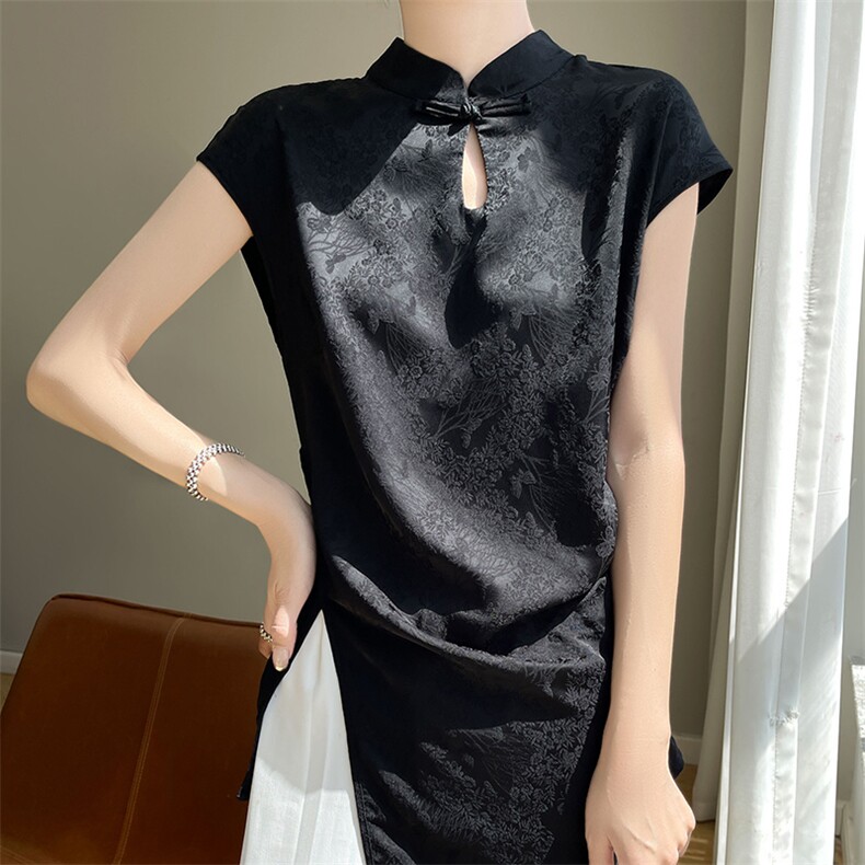 提花旗袍领黑短袖t恤上衣国风新中式真丝小衫开叉不规则盘扣衬衫，女装汉服/婚纱/旗袍/礼服，圣丽羊绒