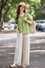 棉麻短袖洋气妈妈衬衫2025夏季新款宽松显瘦遮肉刺绣小衫好看上衣，女装套装/套裙，依万里