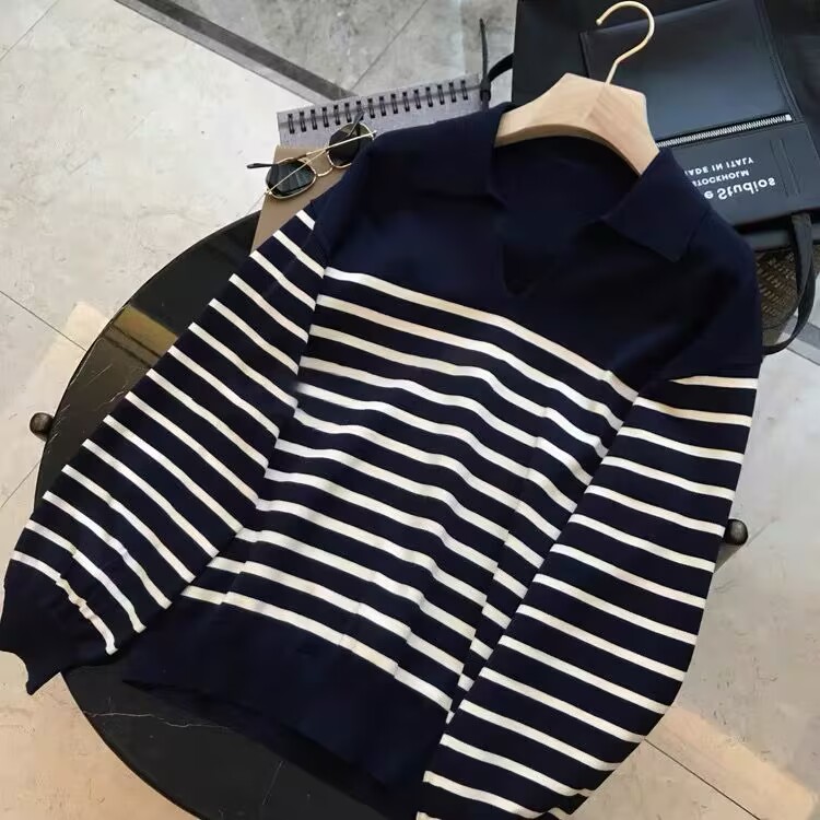 春秋新款polo领羊毛针织衫女宽松气质法式条纹毛衣V领学院小香风,针织衫/毛衣,昂家羊绒