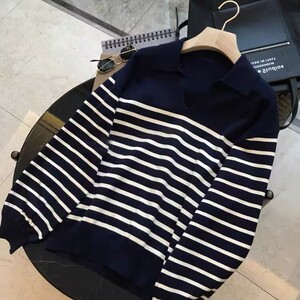 春秋新款polo领羊毛针织衫女宽松气质法式条纹毛衣V领学院小香风图片