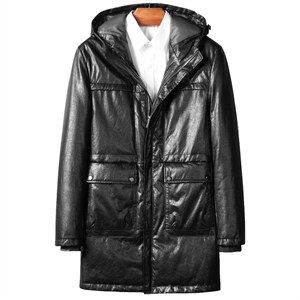W21126海宁皮衣男头层牛皮白鸭绒羽绒服连帽皮风衣冬P800,男装皮衣,电商B360