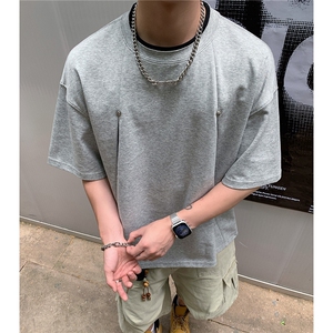 曼巴棉拼接撞色破缝解构铆钉设计感夏季短袖T恤男D424 特P30图片