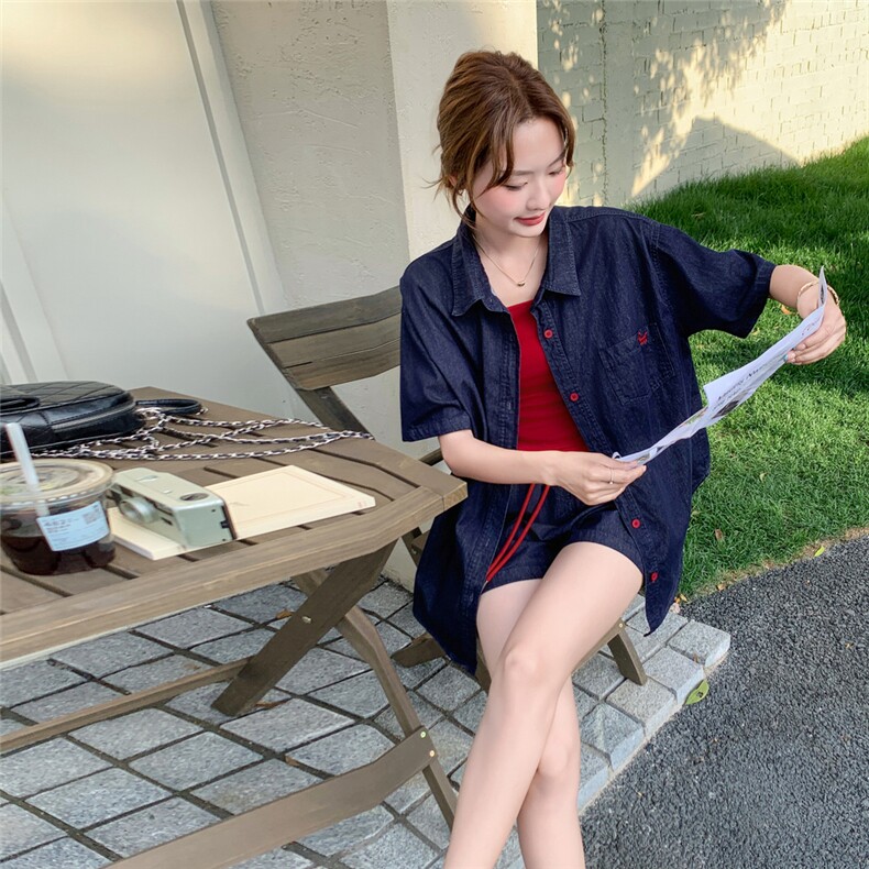 休闲时尚牛仔衬衫短裤套装女夏2025新款大方得体穿搭三件套巨好看,女装套装/套裙,2D044