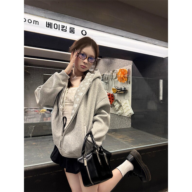 美式复古连帽卫衣女秋季慵懒风长袖拉链开衫W880-P75,男装卫衣,星座918-1
