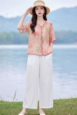 现货主推款简约中古风上衣+裤子两件套套装女，女装套装/套裙，韩蔻秀