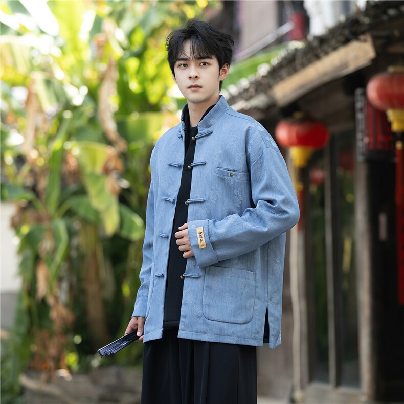 新中式复古风盘扣牛仔提花立领盘扣加厚宽松大码唐装外套JK207,男装工装外套,星座305A（原312A-1）