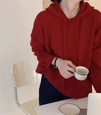秋季羊绒衫女连帽卫衣套头带帽宽松帽衫纯色羊毛针织衫打底衫韩版，女装针织衫/毛衣，冀清阳荣