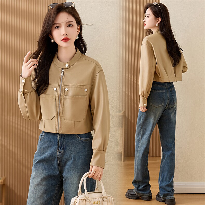 现货复古短款皮衣外套女2024春秋新款PU皮机车服秋季女式皮夹克，女装皮衣，江南女神