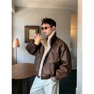 美式复古座山雕毛领皮衣棉服情侣装冬季加厚保暖短款皮毛一体外套图片