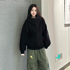 抖音得物高品质26春装美式高街重磅宽松结构高领连帽卫衣外套W60，女装短外套，电商A486-1