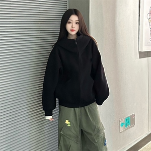 抖音得物高品质 26春装美式高街重磅宽松结构高领连帽卫衣外套W60图片