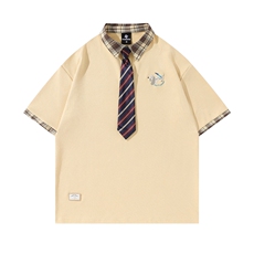 Polo衫短袖T恤男女夏潮流复古学院风格子拼接小狗刺绣T819P65，男装T恤，星座201-2