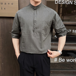 夏季男士七分袖麻料立领衬衫男休闲修身休闲衬衣A236-C666-P55图片