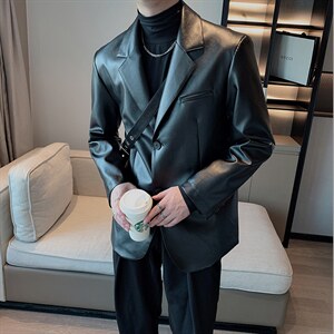 男士小众网红韩版复古pu皮西装宽松加棉加厚皮外套西装XZ036-P130图片