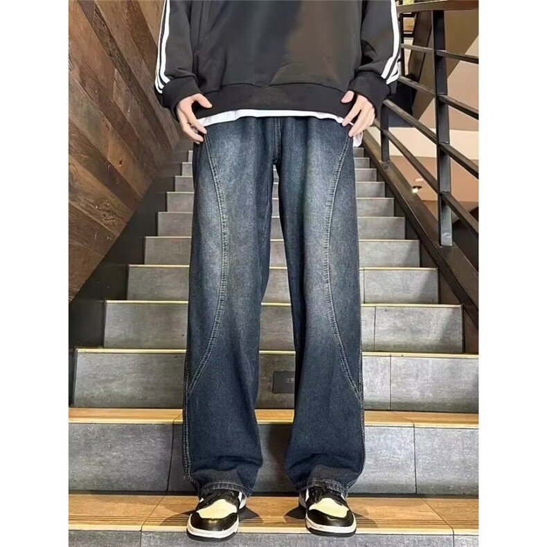 美式高街复古设计感分割宽松直筒牛仔裤男vibe风潮牌休闲阔腿裤子图片