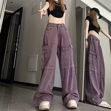 紫色美式复古工装牛仔裤男女夏秋季多口袋宽松阔腿裤高腰休闲裤子，男装牛仔裤，星座601-2
