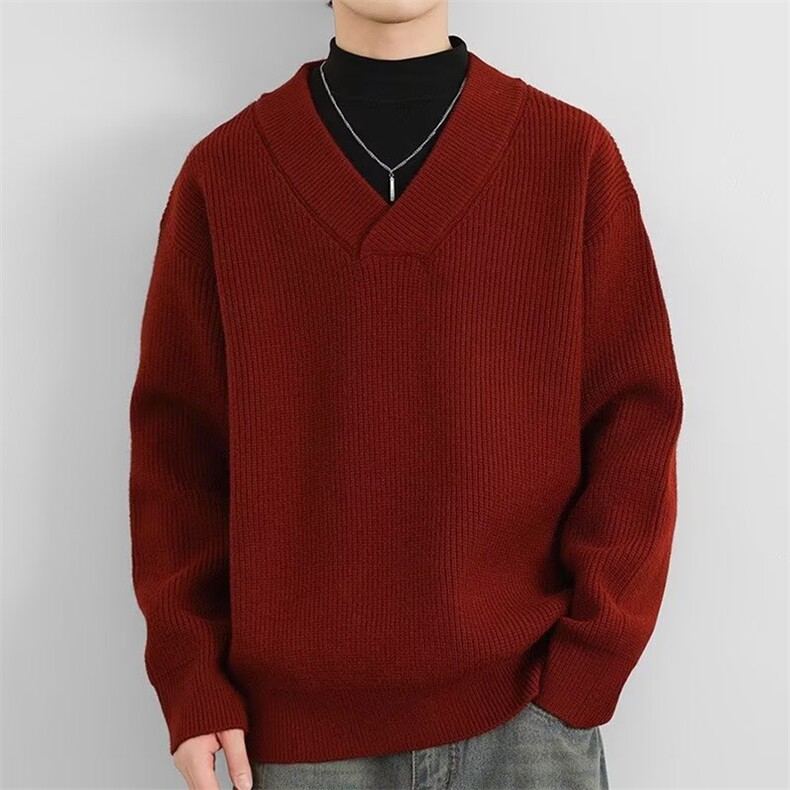 新款港风加厚内搭慵懒风纯色大V领针织衫上衣毛衣外套V29-P48网图，男装针织衫/毛衣，电商B245