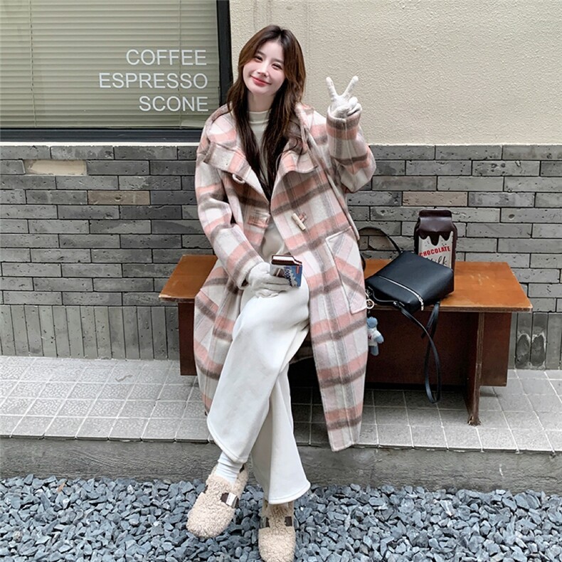 粉色格纹连帽双面羊绒大衣女2024冬季新款韩系宽松小个子毛呢外套,女装毛呢外套,千寻
