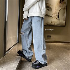 春新款男女高街破洞宽直筒个性潮牌牛仔裤长裤子NZ018批45控68，男装牛仔裤，星座715