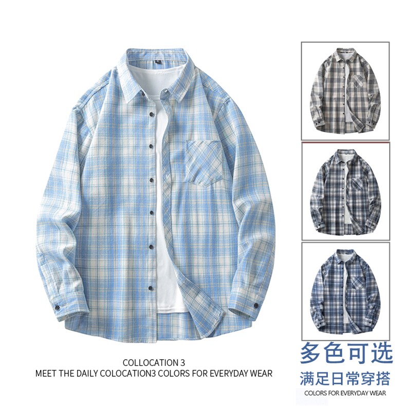 （跨境电商）四季款格子衬衫潮流宽松格纹衬衣,男装衬衫,星座1107-1